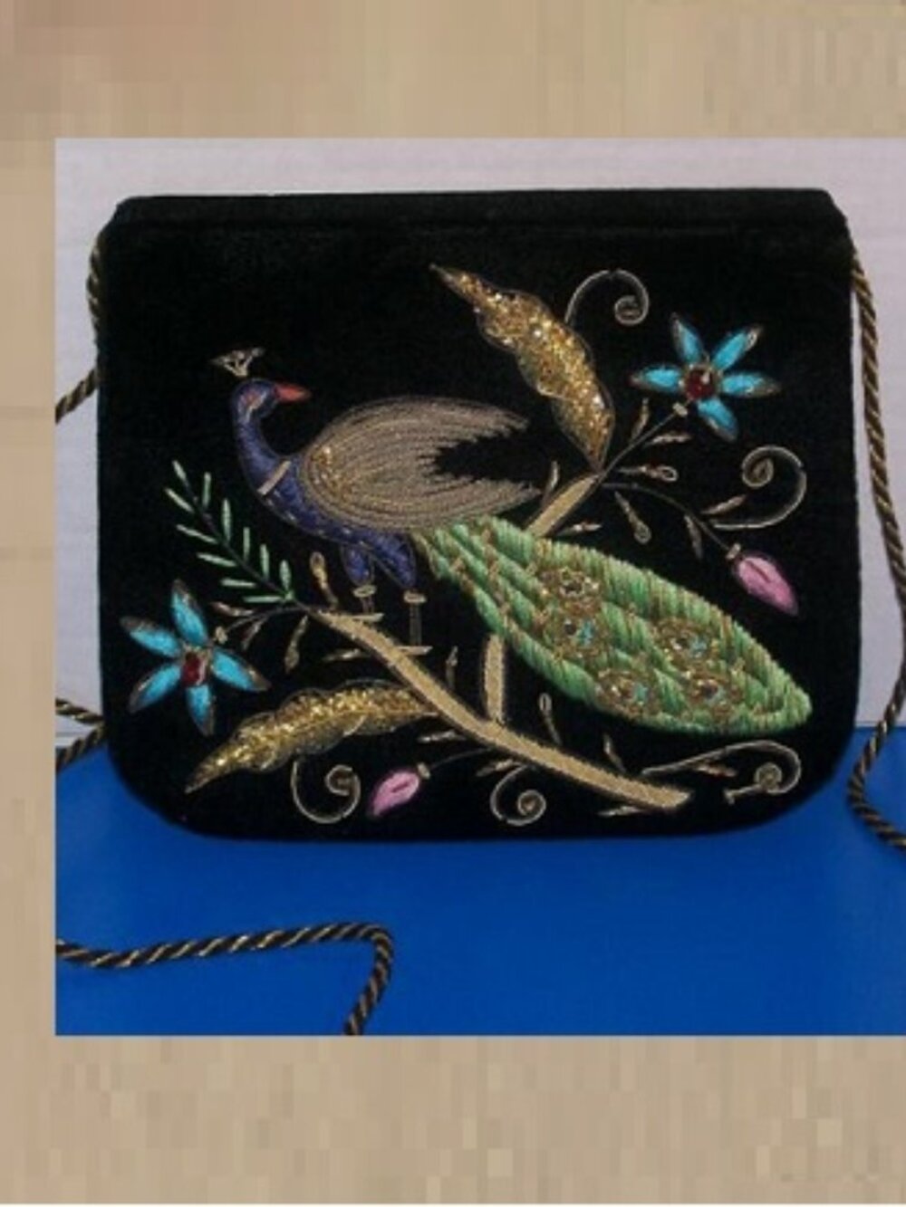 Cross Body Purse ~ Colorful ~ Peacock ~ Black ~ Hand Embroidery - HB-037.